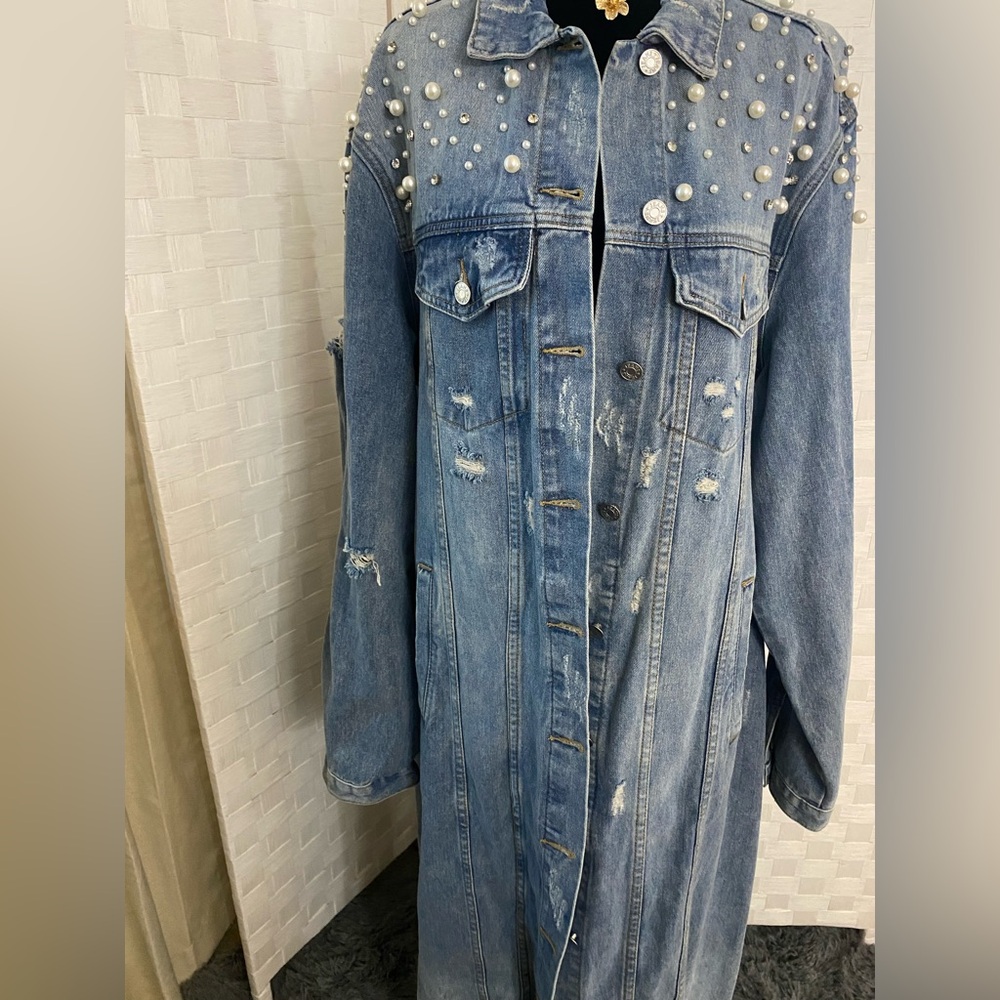 Pearl-Embellished Distressed Long Denim Jacket - Light Blue